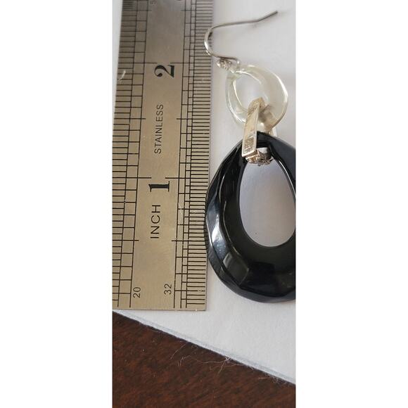 Vintage 1980s Black and White Dangle Earrings with Rhinestone Accents - Picture 8 of 14